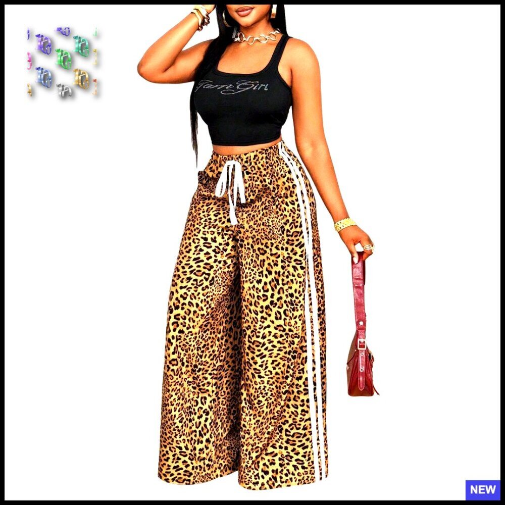 Y2K Leopard Print Straight Leg Pants Elastic High Waist Wide Leg Trousers